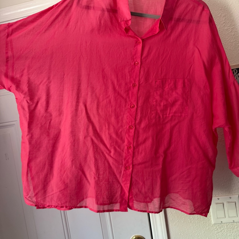 BASLER pink sheer cotton silk long sleeve button up boxy oversized shirt - Picture 3 of 7